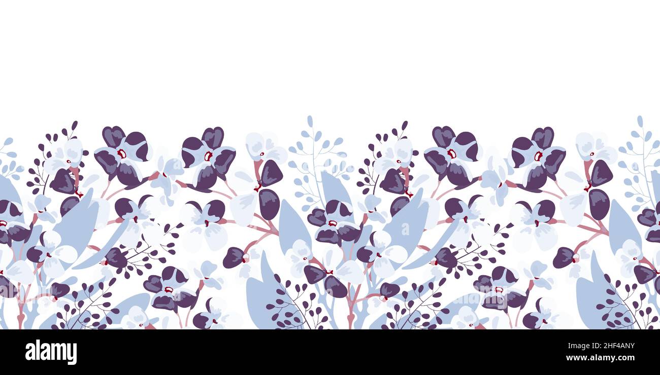 Vector floral seamless pattern, border. Horizontal panoramic design with lilac flowers. Stock Vector