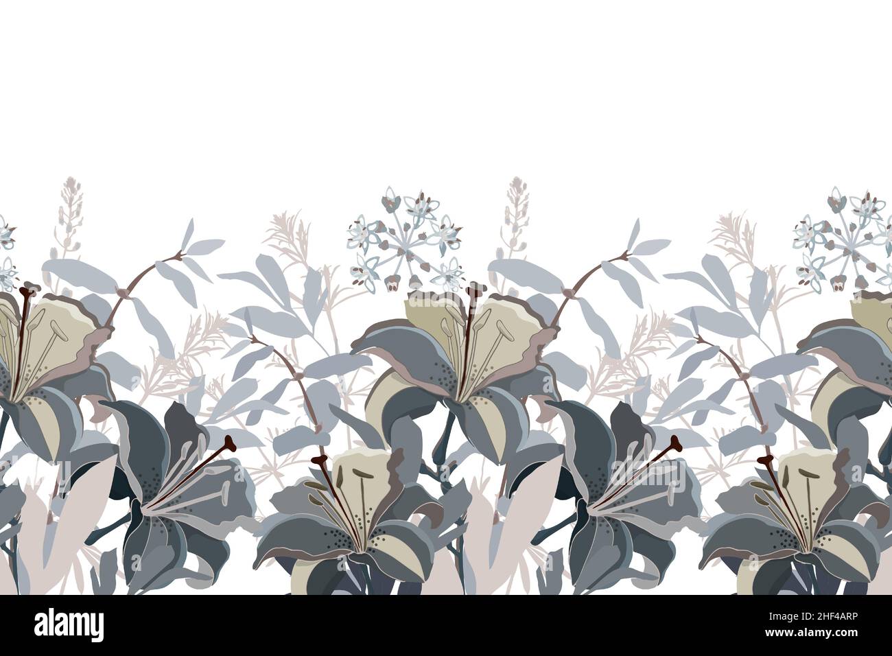 Vector floral seamless pattern, border. Horizontal panoramic design with lily flowers in beige and gray colors. Stock Vector