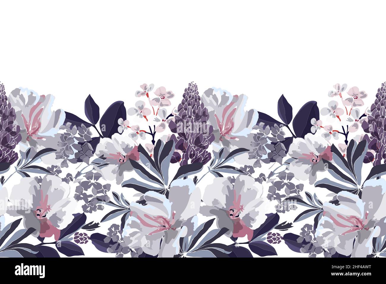 Vector floral seamless pattern, border. Horizontal panoramic design with flowers in grey white and lilac tones. Stock Vector