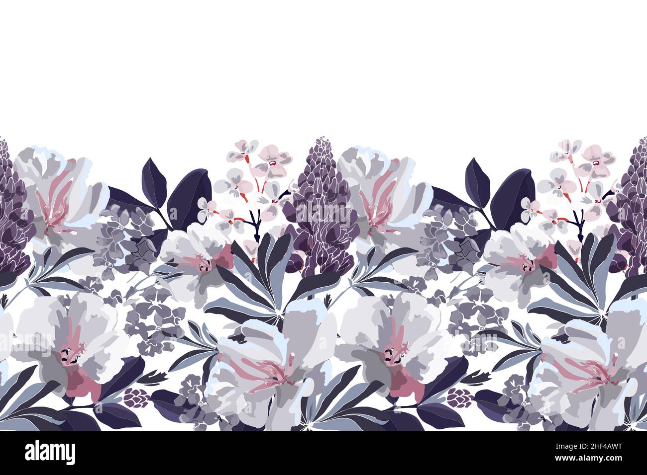 Vector floral seamless pattern, border. Horizontal panoramic design with flowers in grey white ...