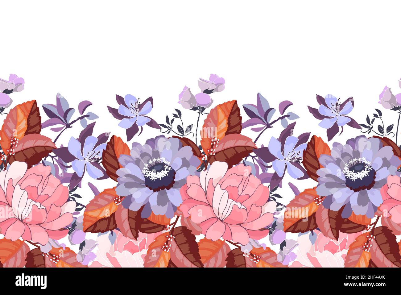 Vector floral seamless pattern, border. Horizontal panoramic design with lilac and pink flowers. Stock Vector