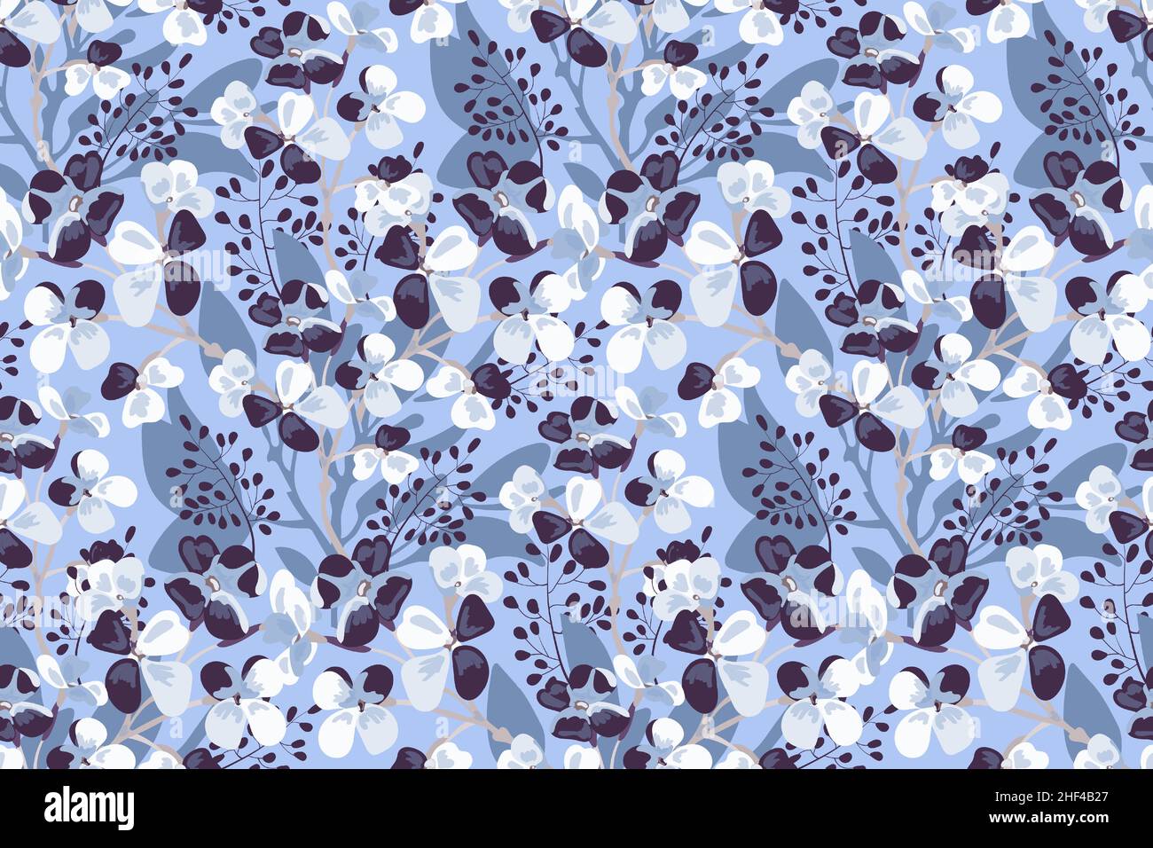 Vector floral seamless pattern. Lilac flowers with light brown twigs and blue leaves on a blue. Stock Vector