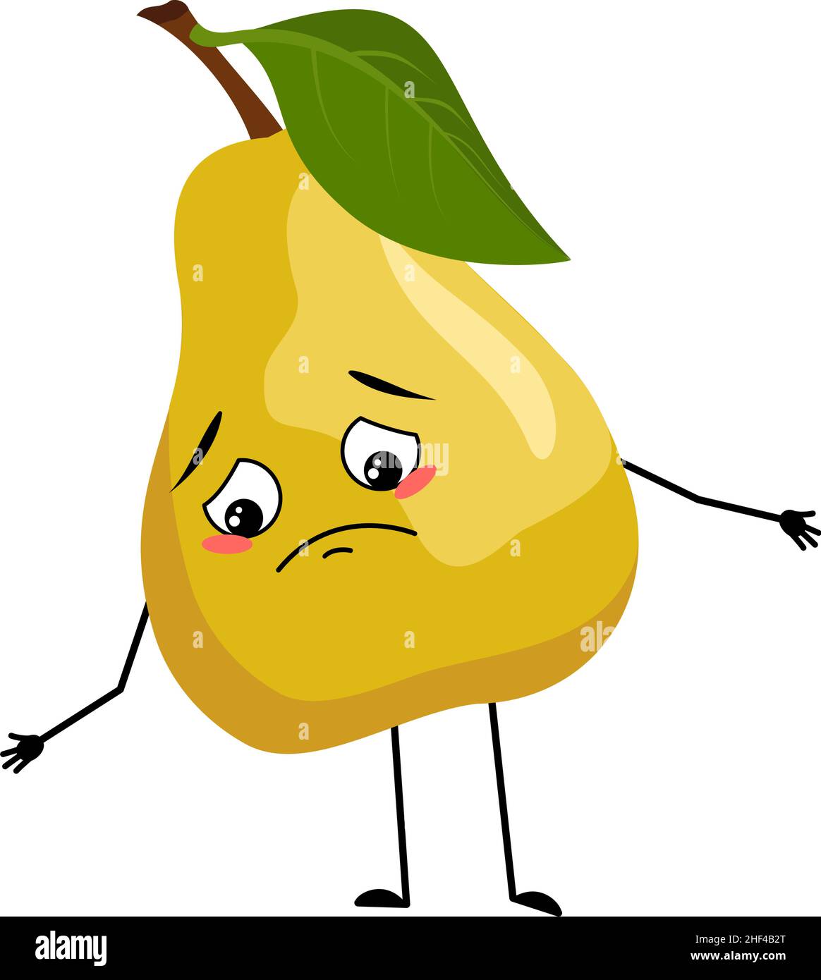 Pear character with sad emotions, depressed face, down eyes, arms and