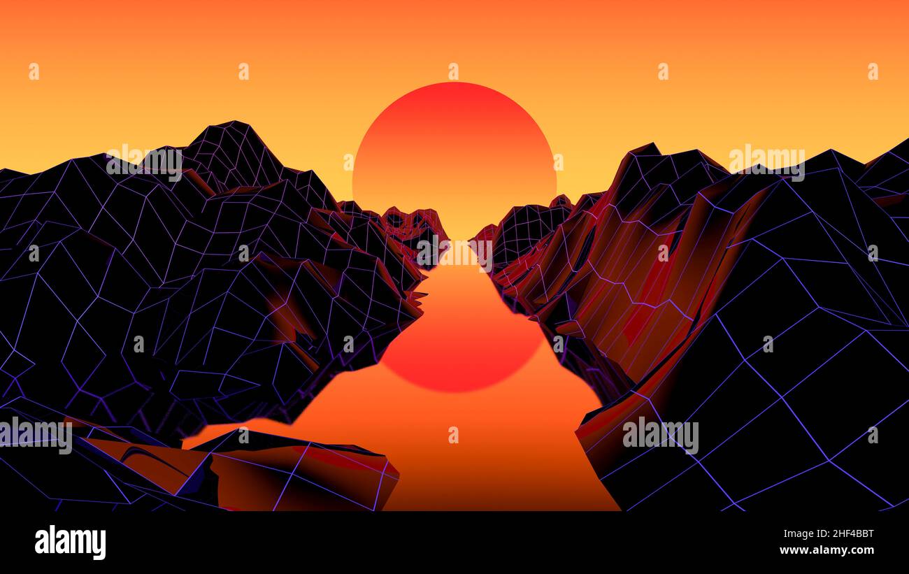 3d synthwave nature landscape background. River, sunset and mountains with neon grid in 80s computer aesthetics. Surreal, esoteric psychedelic landscape. High quality 3d illustration Stock Photo
