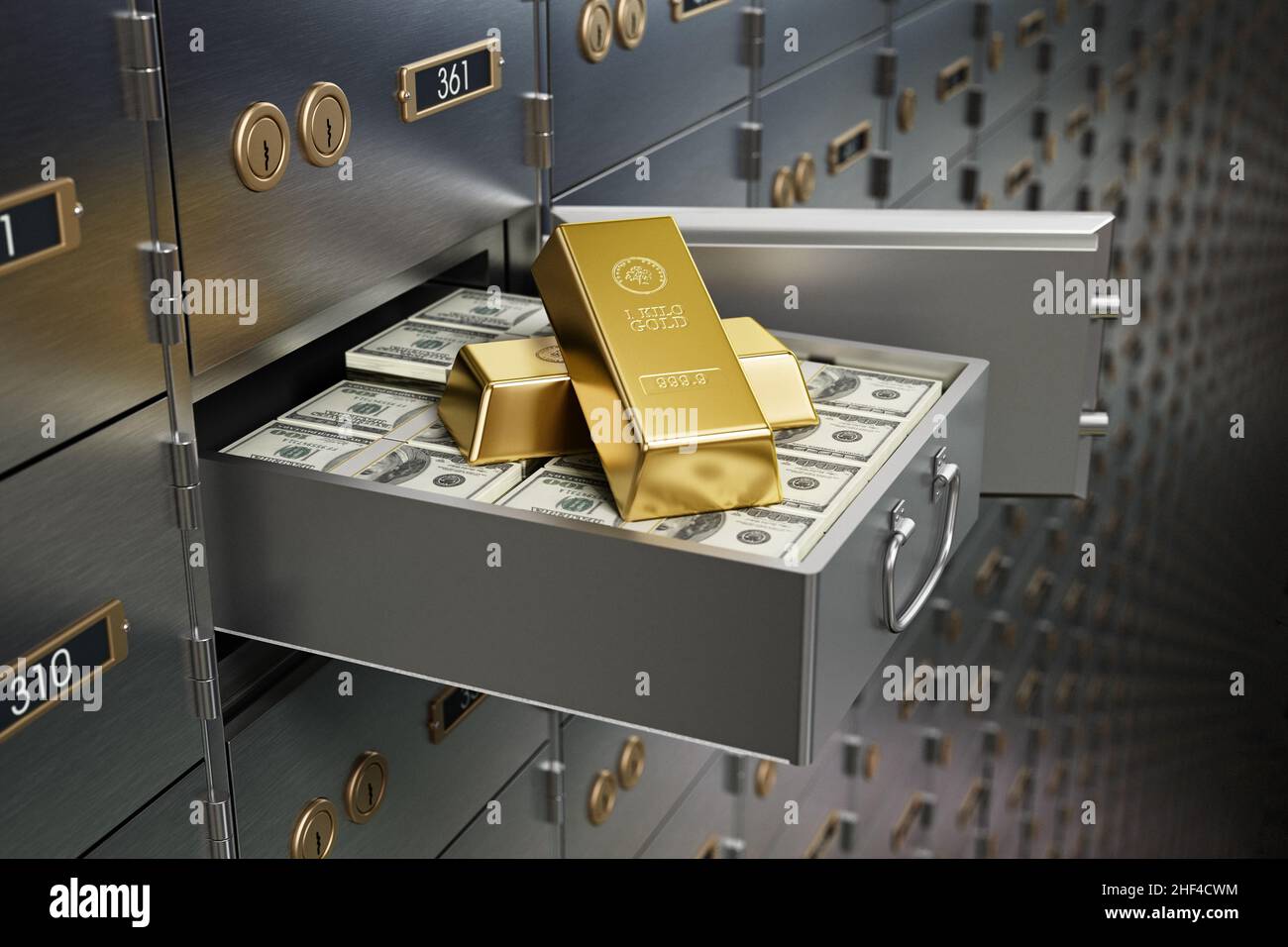 Open bank deposit box full of dollar bills and gold ingots. 3D