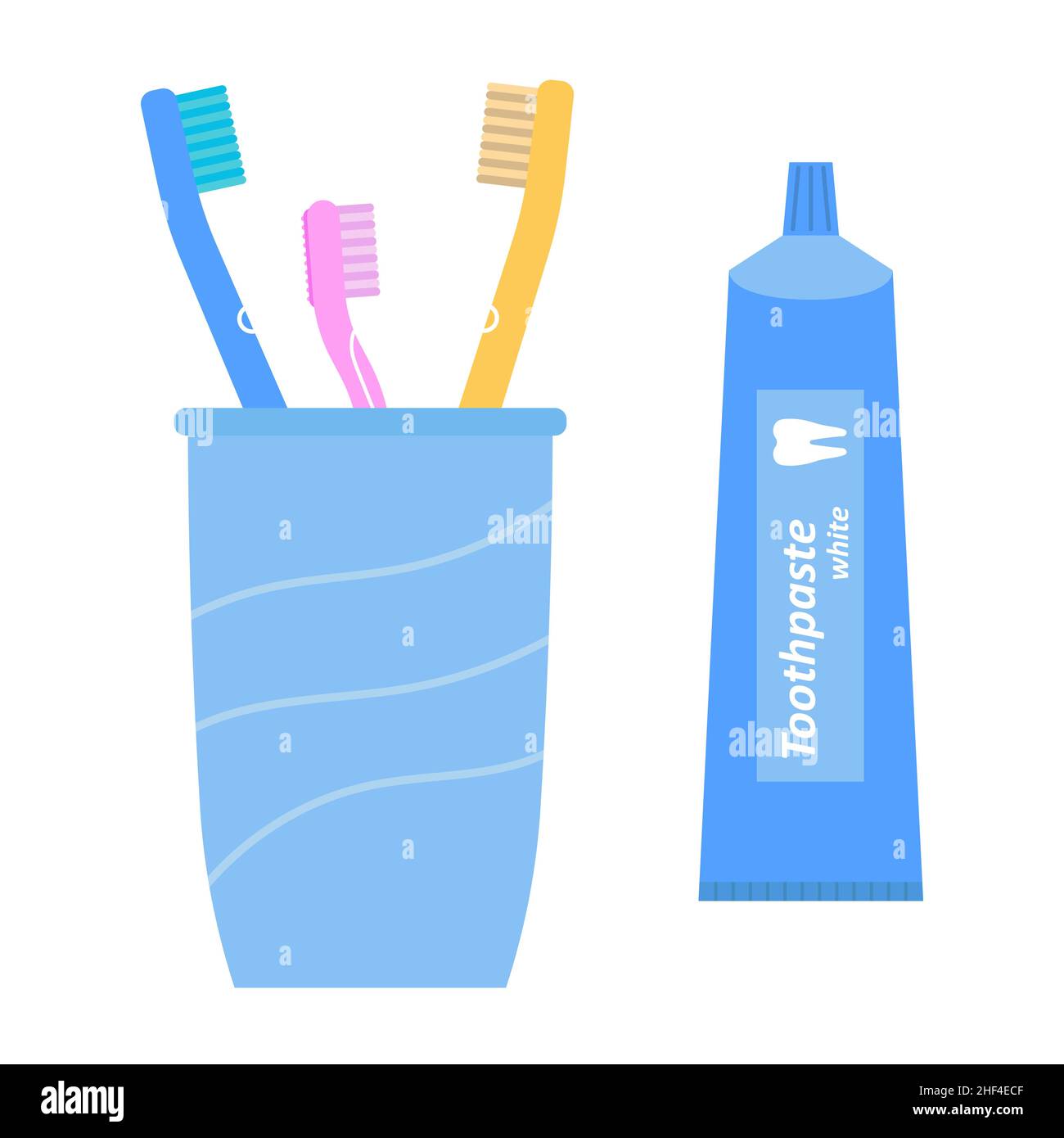 Toothpaste and toothbrushes in a glass. Dental cleaning tools. Vector ...