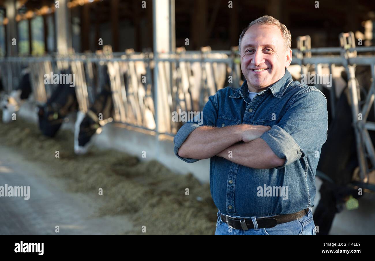 Portrait of man who is standing near cows Stock Photo - Alamy