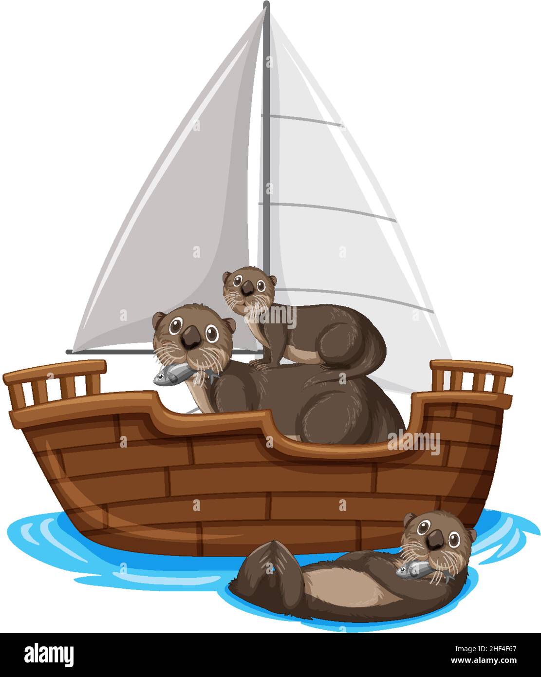 Otters on a ship in cartoon style illustration Stock Vector