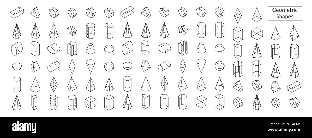 Set of 3d basic geometric shapes. Isometric view. Linear objects for school, science, geometry and math. Isolated vector illustration on white background. Stock Vector