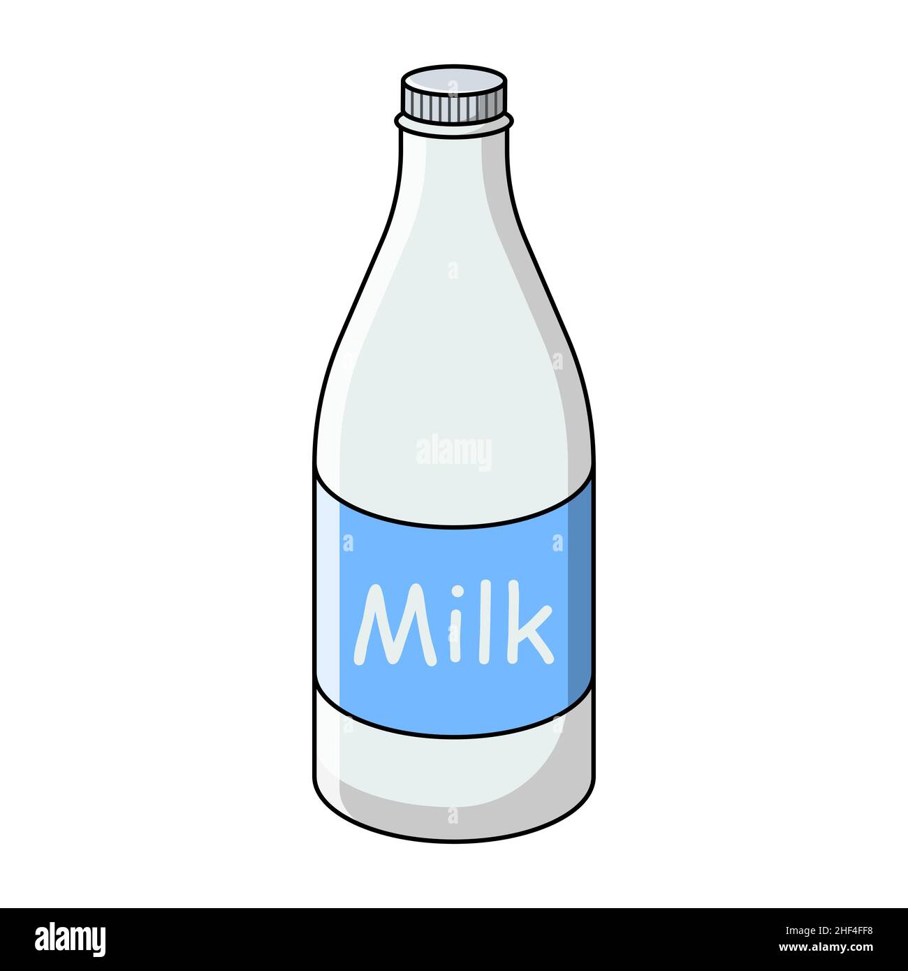 Milk bottle with blue label. Isolated vector icon illustration on white background. Flat line cartoon style. Stock Vector