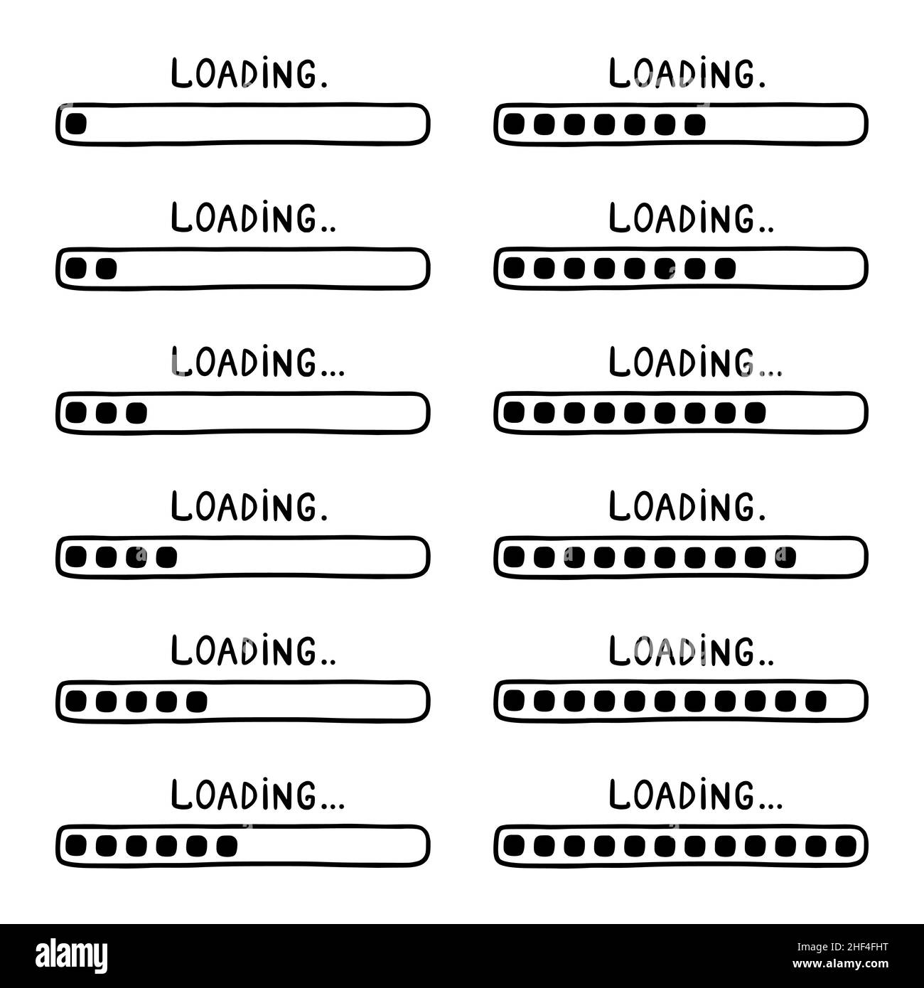 Loading bar, status and progress for animation. Doodle elements. Sketch, hand drawn style. Vector illustration. Stock Vector