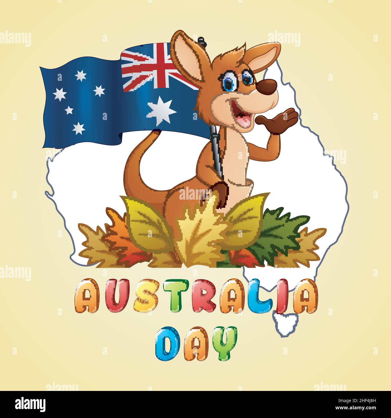 Happy australia Day Kangaroo holding a Flag on Map background Stock Vector