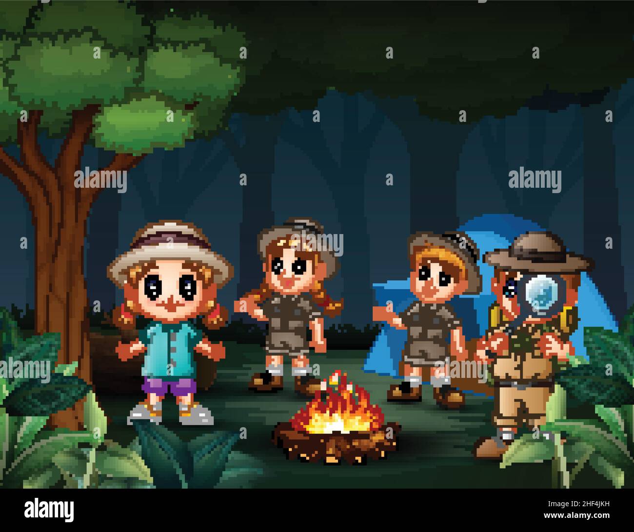 Happy kids camping in the forest at night near big fire Stock Vector ...
