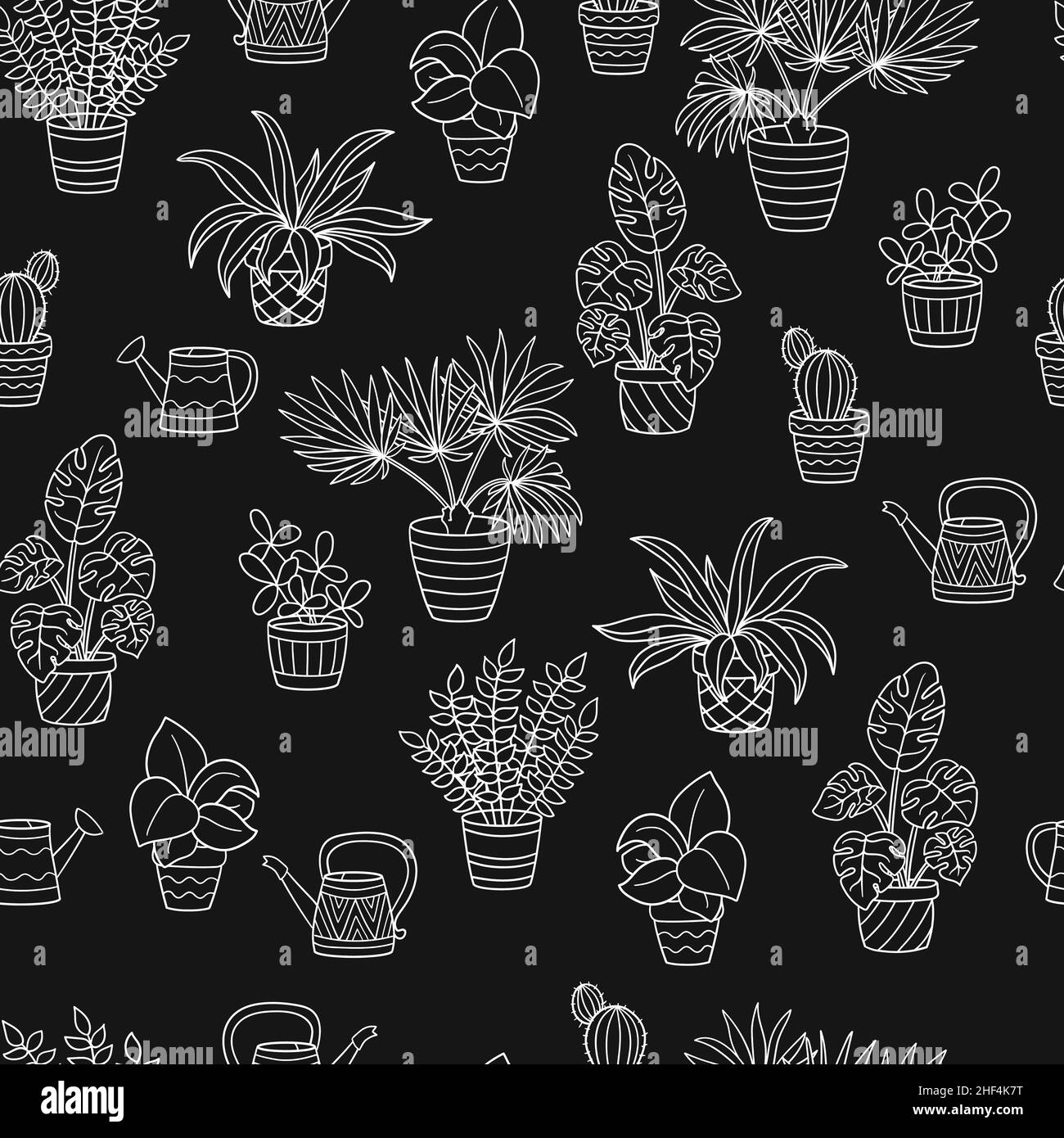Vector seamless pattern with a set of potted plants and watering cans ...