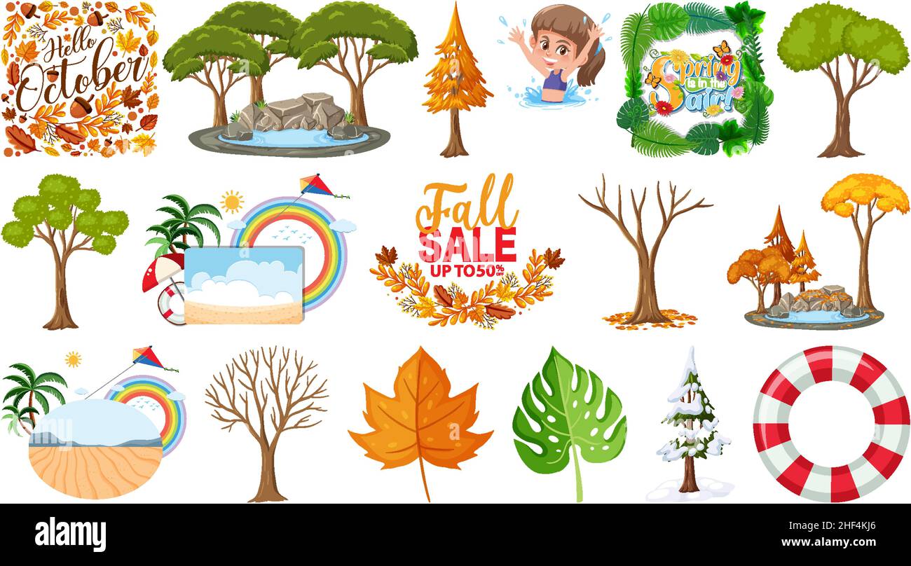 Set of four seasons trees and nature objects illustration Stock Vector ...