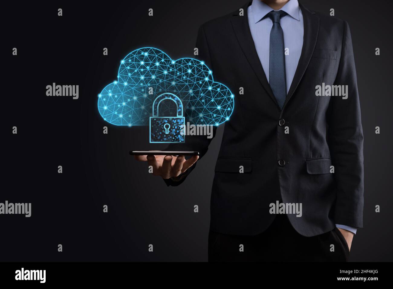 Cloud technology. Polygonal wireframe cloud storage sign with padlock on dark blue. Cloud computing, big data center, future infrastructure, digital a Stock Photo