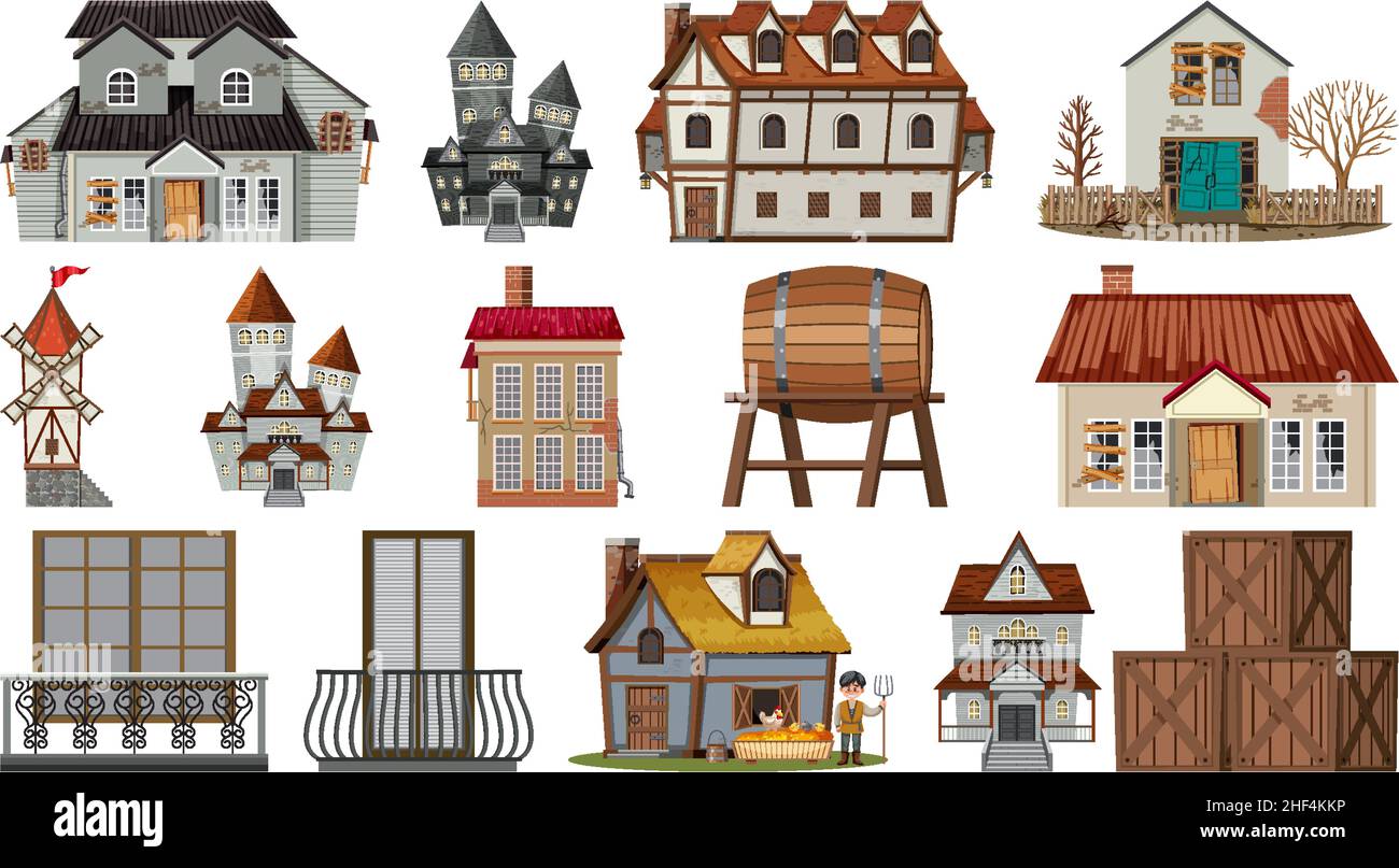 Set of abandoned houses and buildings illustration Stock Vector Image ...