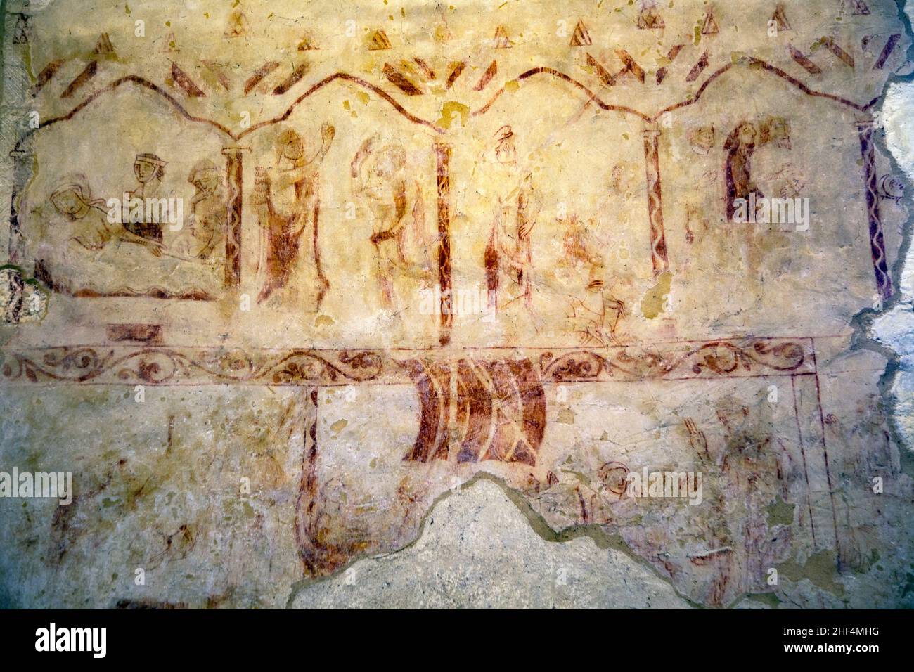 Medieval wall paintings in Wissington church, Suffolk, England, UK