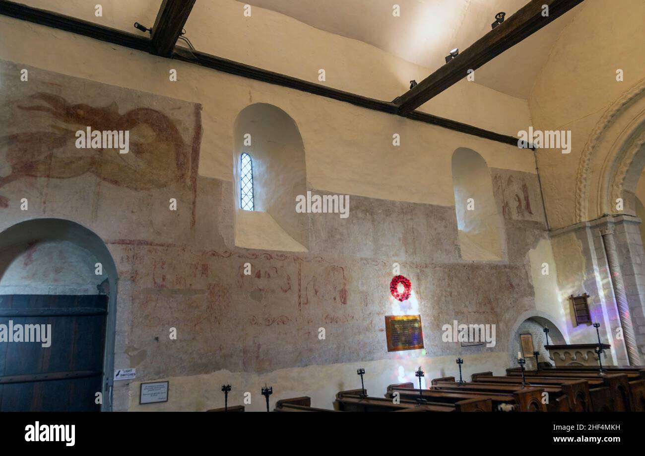 Medieval wall paintings in Wissington church, Suffolk, England, UK