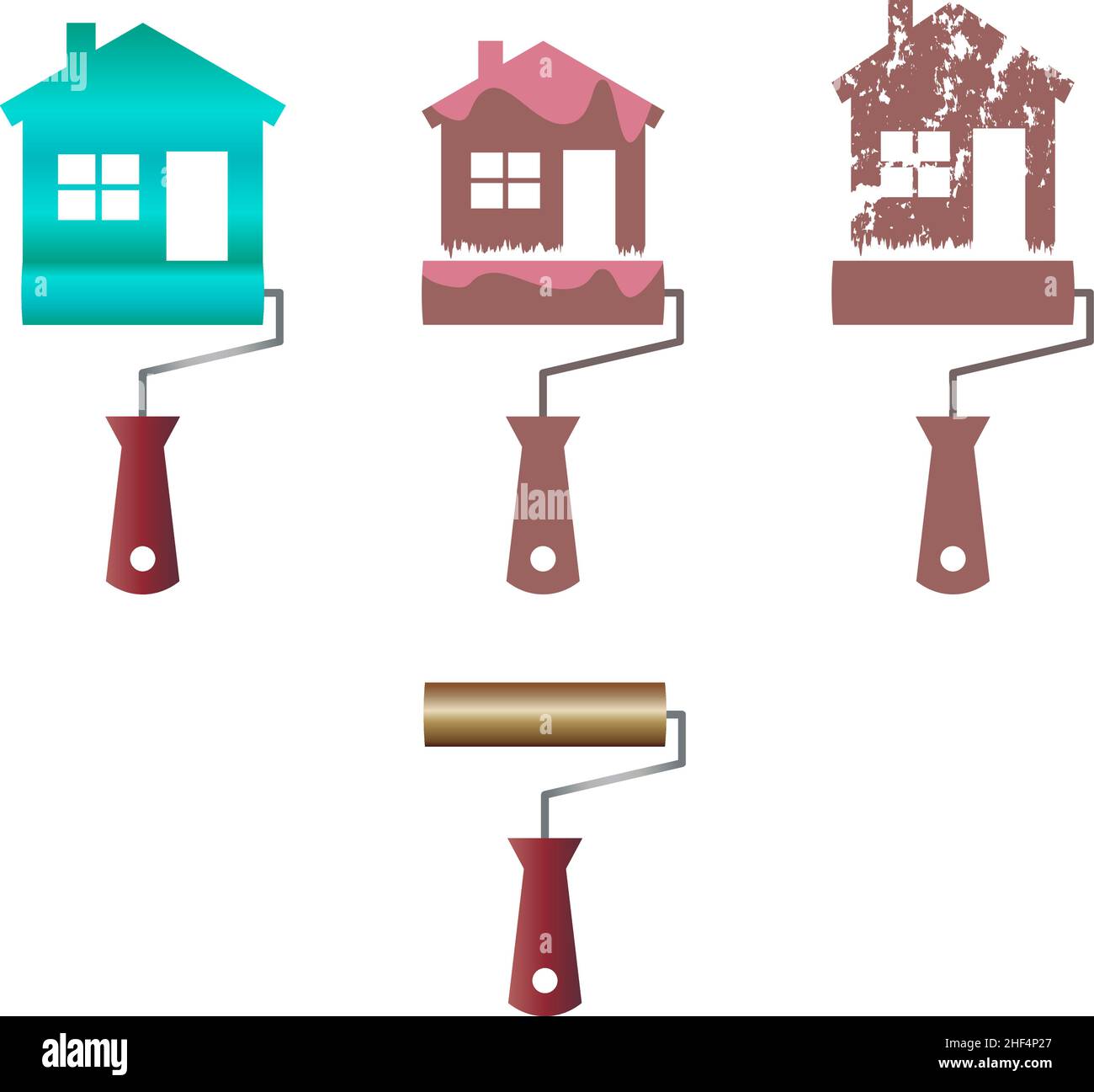 Set of paint roller and house icons drawing in flat style silhouette Stock Vector
