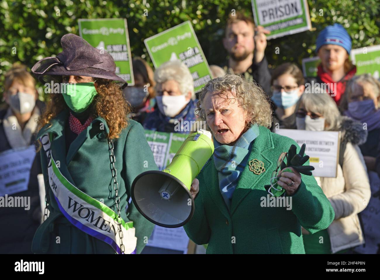 Jenny Jones / Baroness Jones of Moulsecoomb at a Green Party protest in Westminster against the Police Bill going through Parliament limiting people's Stock Photo