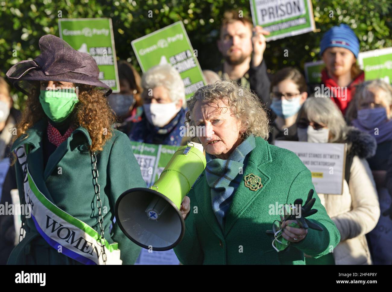 Jenny Jones / Baroness Jones of Moulsecoomb at a Green Party protest in Westminster against the Police Bill going through Parliament limiting people's Stock Photo