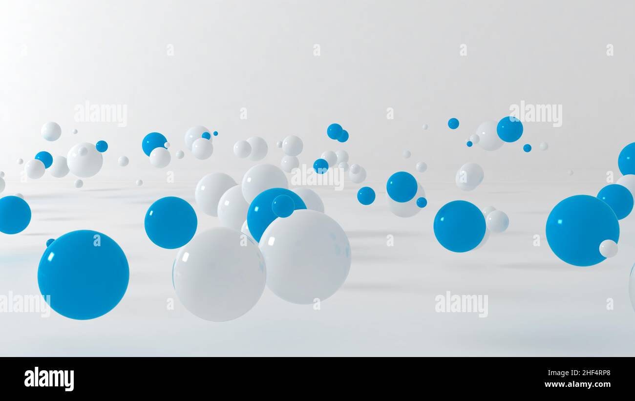 3d abstract illustration, assorted white blue pastel balls floating Stock Photo