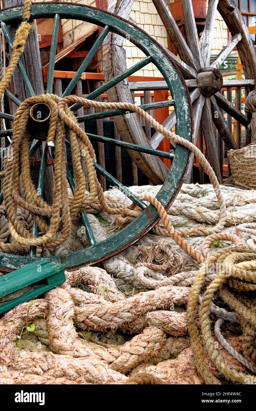Vintage Details Of Wooden Wagon Wheel Popeye Village in Anchor Bay