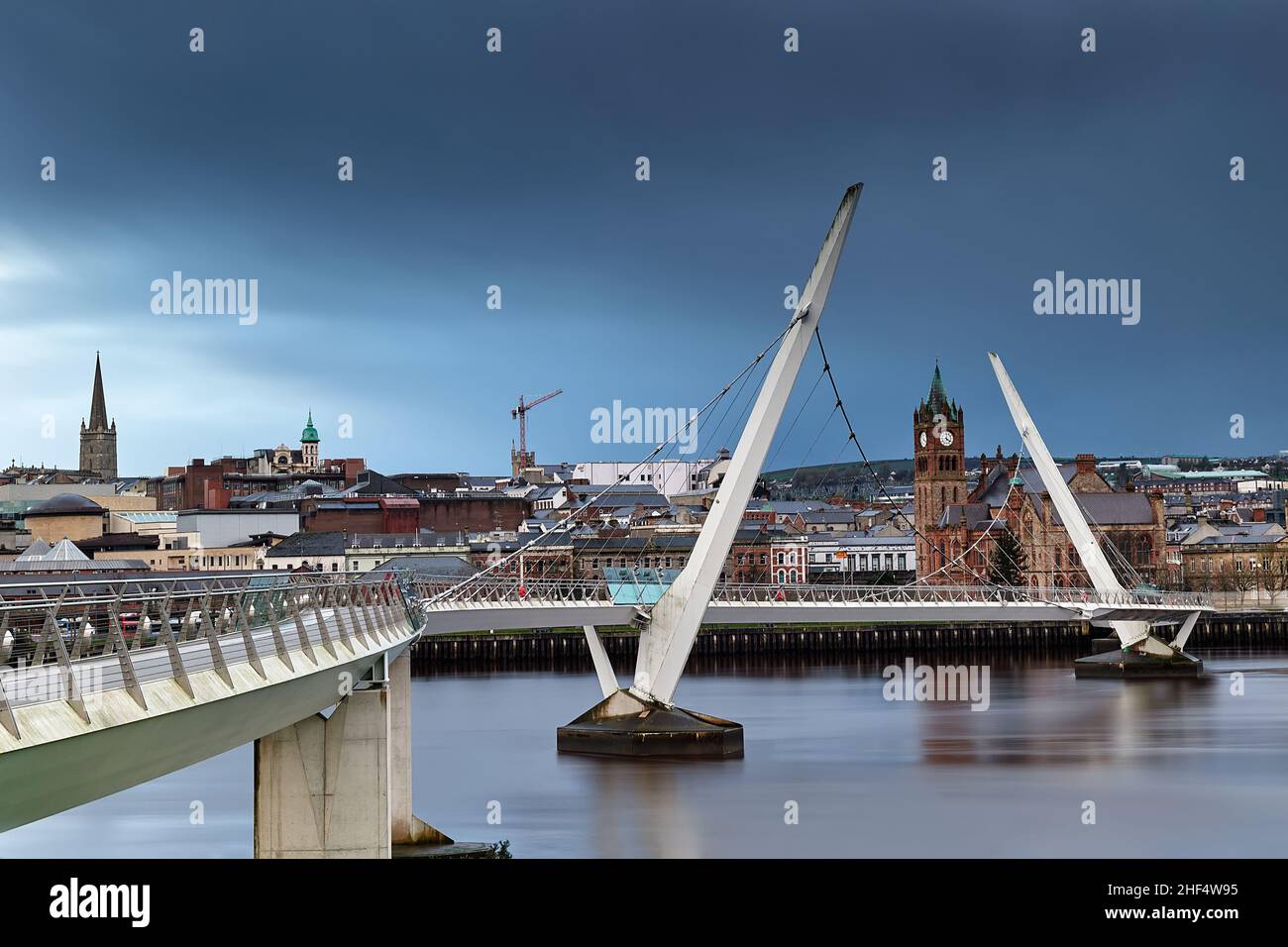 suspension bridge over the river Foyle of Londonderry, Peace Bridge, Northern Ireland Stock