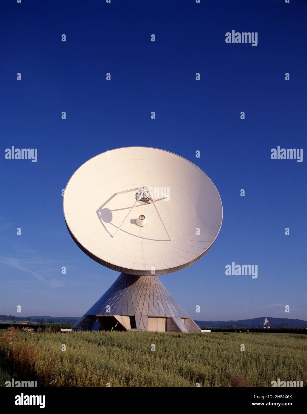 Germany. Bavaria. Raisting satellite earth station. Parabolic antenna communication dish. Stock Photo