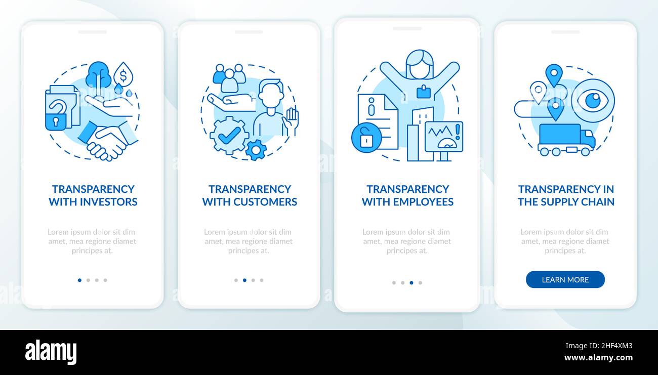 Examples of transparency blue onboarding mobile app screen Stock Vector