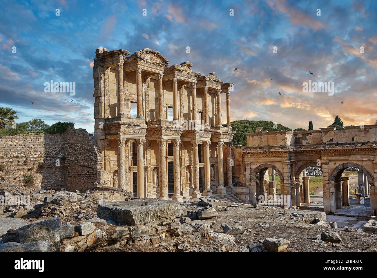 The ancient Library of Celsus , a Roman building ruins in Ephesus, Anatolia, Turkey. The library of Celsus was built for proconsul of Asia  Tiberius J Stock Photo