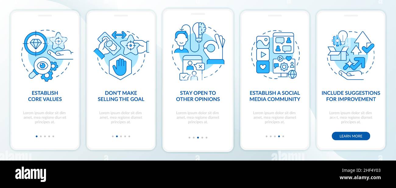 Ways to establish transparency blue onboarding mobile app screen Stock ...