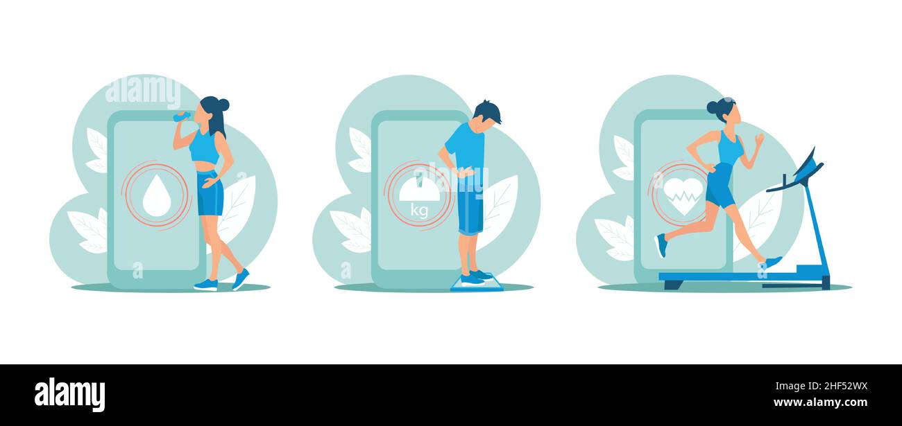 Vector of fitness people exercising using mobile phone app to keep ...
