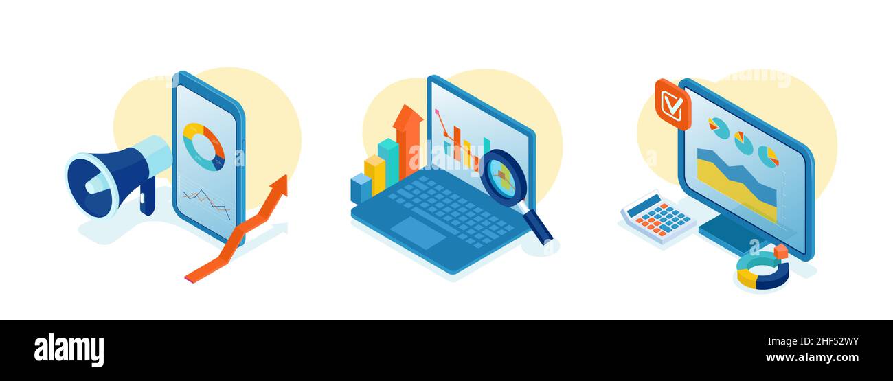 Vector of financial charts and graphs, business strategy and finance data on mobile devices and desktop screen Stock Vector