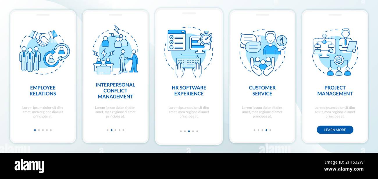 Skills for human resources manager blue onboarding mobile app screen Stock Vector