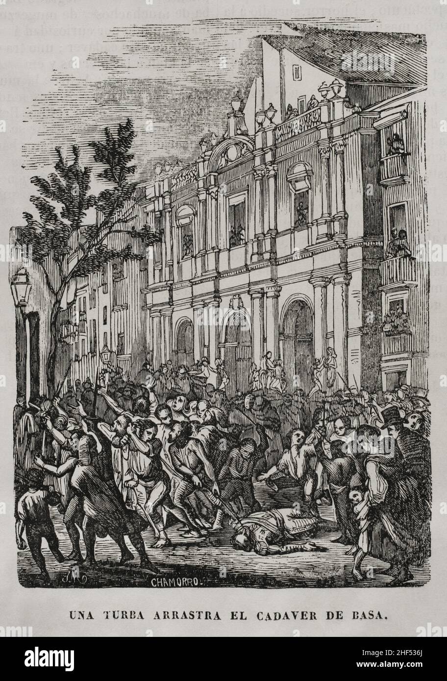 History of Spain. Catalonia, Barcelona. First Carlist War (1833-1840). Anti-clerical riots of 1835. Revolts against the religious orders that took place as a result of their support for the Carlist side. After the 'Bullanga of Barcelona' on 25 July 1835, the Captain General of Catalonia, General Llauder, sent military forces to the city under the command of Field Marshal Bassa. On 5 August, he went to the Captaincy building where he was rebuked by the crowd demanding his resignation. When he refused, the crowd invaded the building, shot him dead and threw his body off the balcony, after which Stock Photo