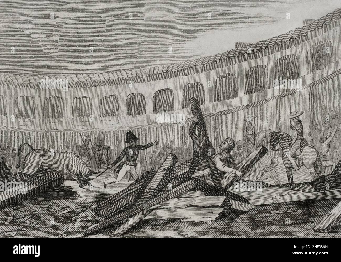 History of Spain. Catalonia. First Carlist War (1833-1840). Anti-clerical riots of 1835. Revolts against the religious orders that took place as a result of their support for the Carlist side. 'Bullanga' of Barcelona (25 July 1835). Violent protest in the El Torín bullring in Barceloneta. During the bullfighting performance, protests against the poor quality of the bulls led to a violent reaction, first in the bullring and later in the streets of the city. In the bleachers there were two rival bullfighting groups, some supporters of the Carlists and the other of the Liberals. After the fifth b Stock Photo
