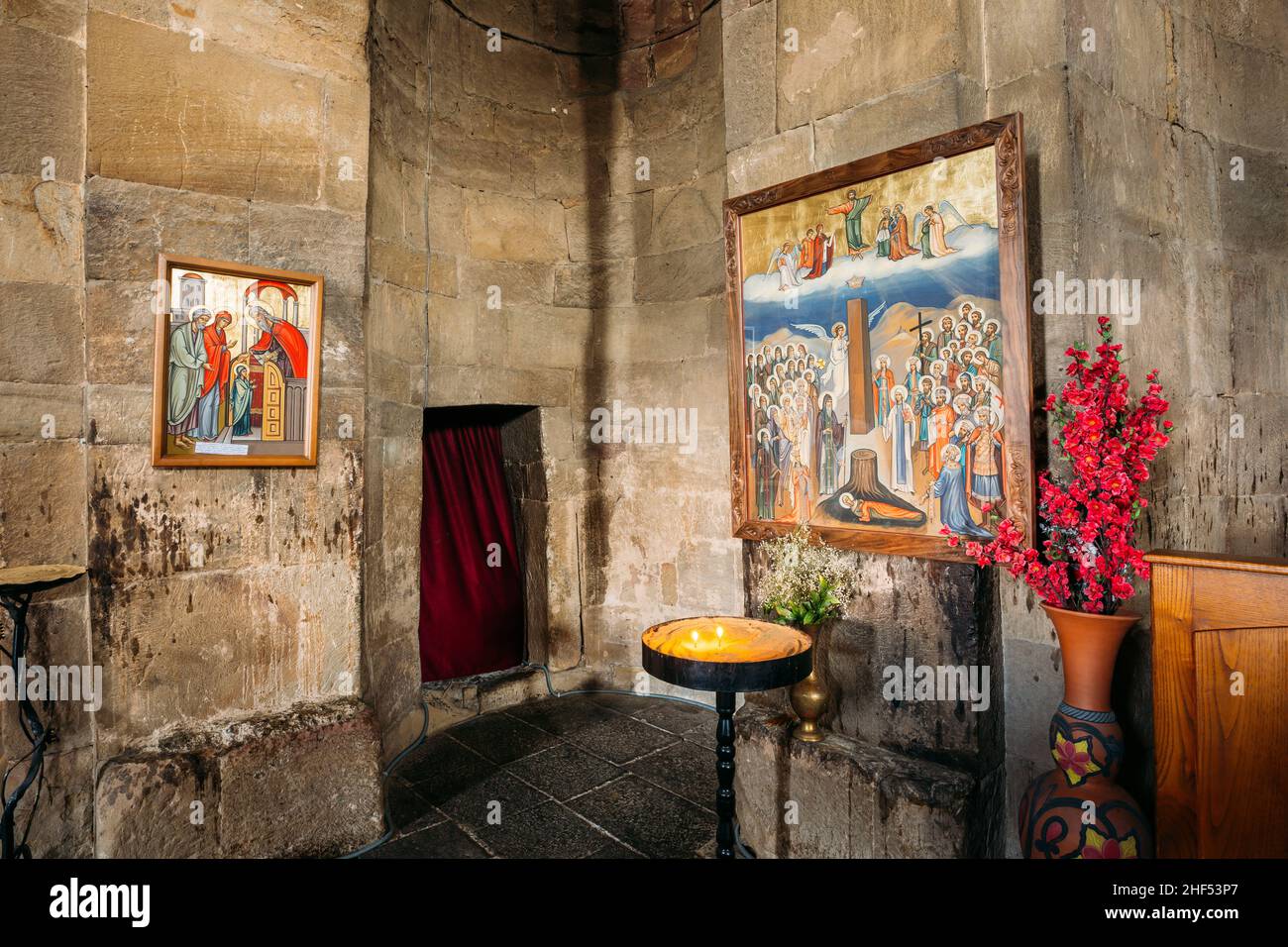 Mtskheta Georgia. Two Icons On Stone Walls In Interior Of Jvari Church ...