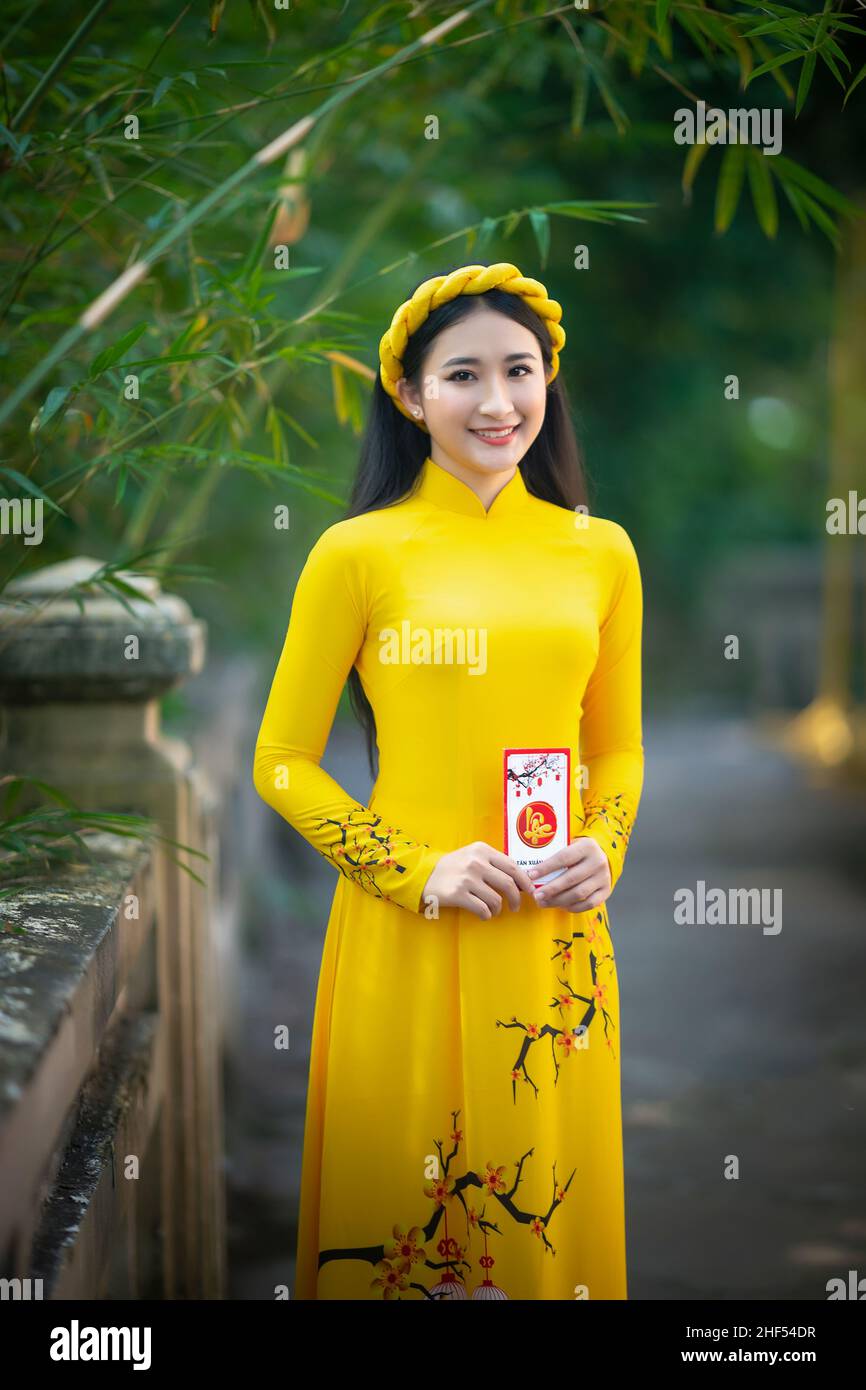 Ho Chi Minh city, Viet Nam: Ao Dai, Beautiful girl in Vietnamese  traditional costume Stock Photo - Alamy