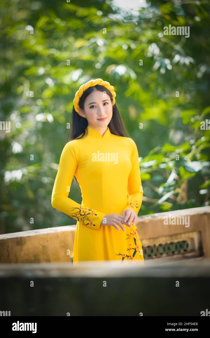 Ho Chi Minh city, Viet Nam: Ao Dai, Beautiful girl in Vietnamese traditional costume Stock Photo