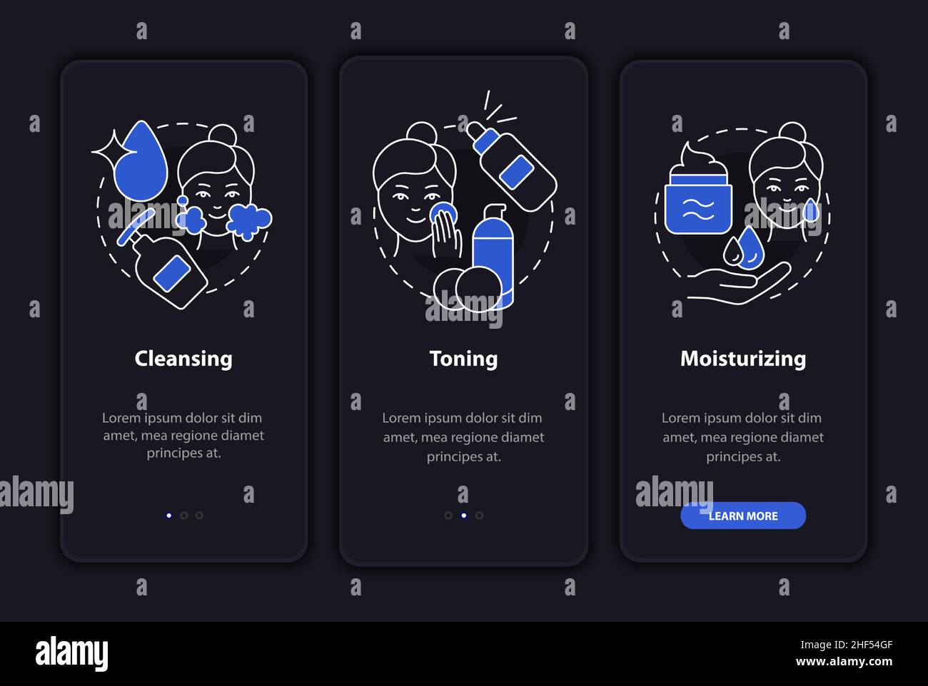 Skincare routine steps night mode onboarding mobile app screen Stock ...