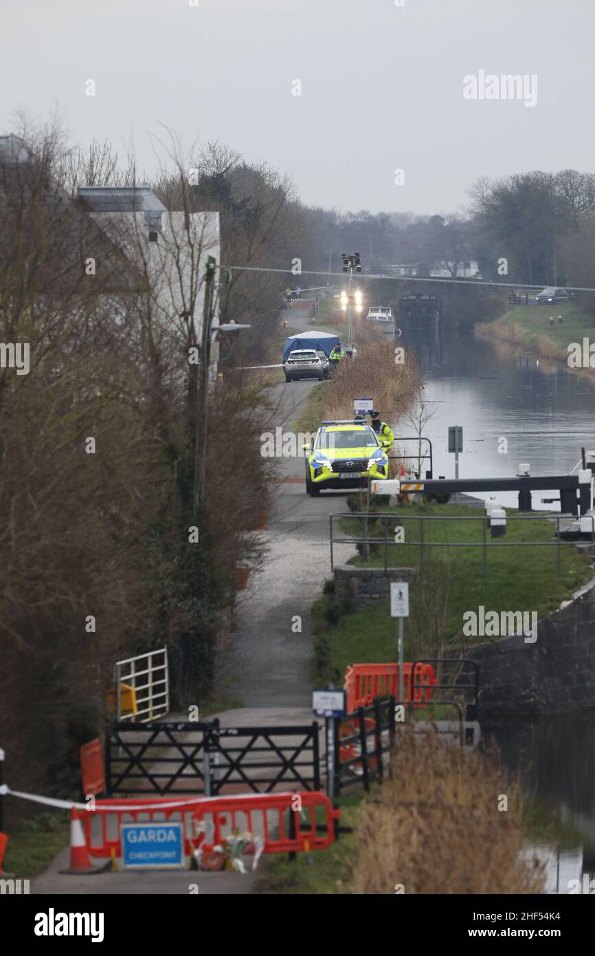 Garda at the Grand Canal in Tullamore, County Offaly, at the scene