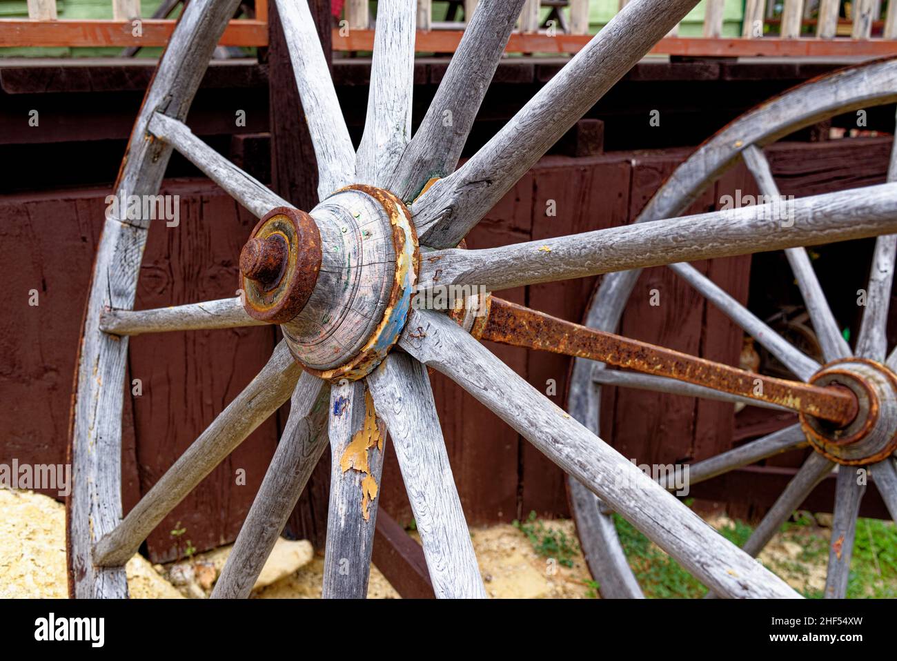 Vintage Details Of Wooden Wagon Wheel Popeye Village in Anchor Bay