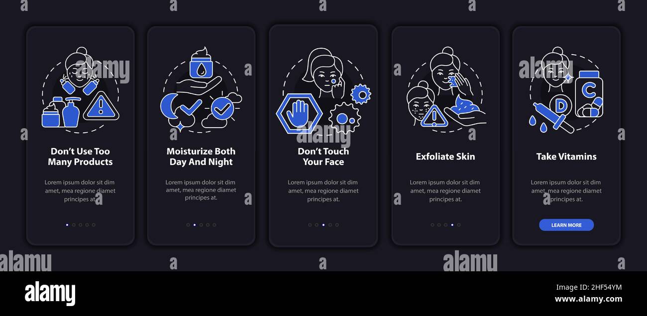 Skincare tips night mode onboarding mobile app screen Stock Vector ...