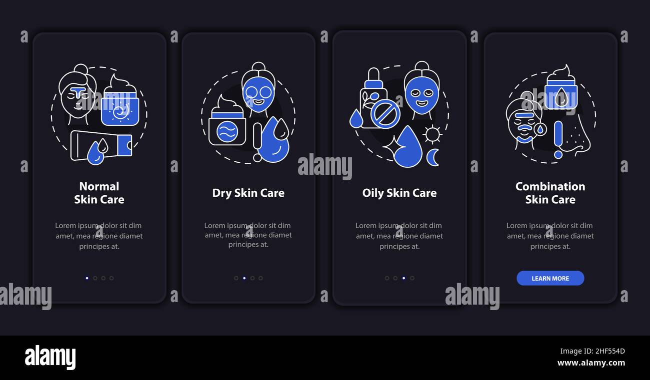Skin types care night mode onboarding mobile app screen Stock Vector ...