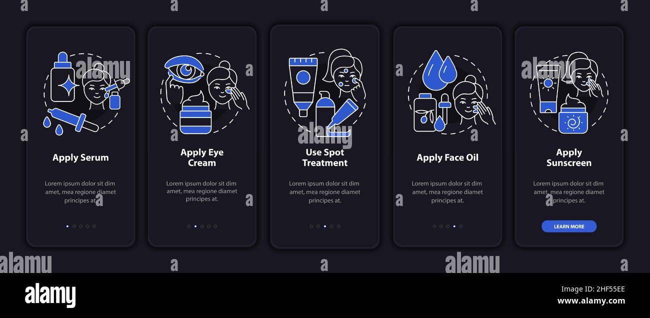 Skincare routine tips night mode onboarding mobile app screen Stock ...