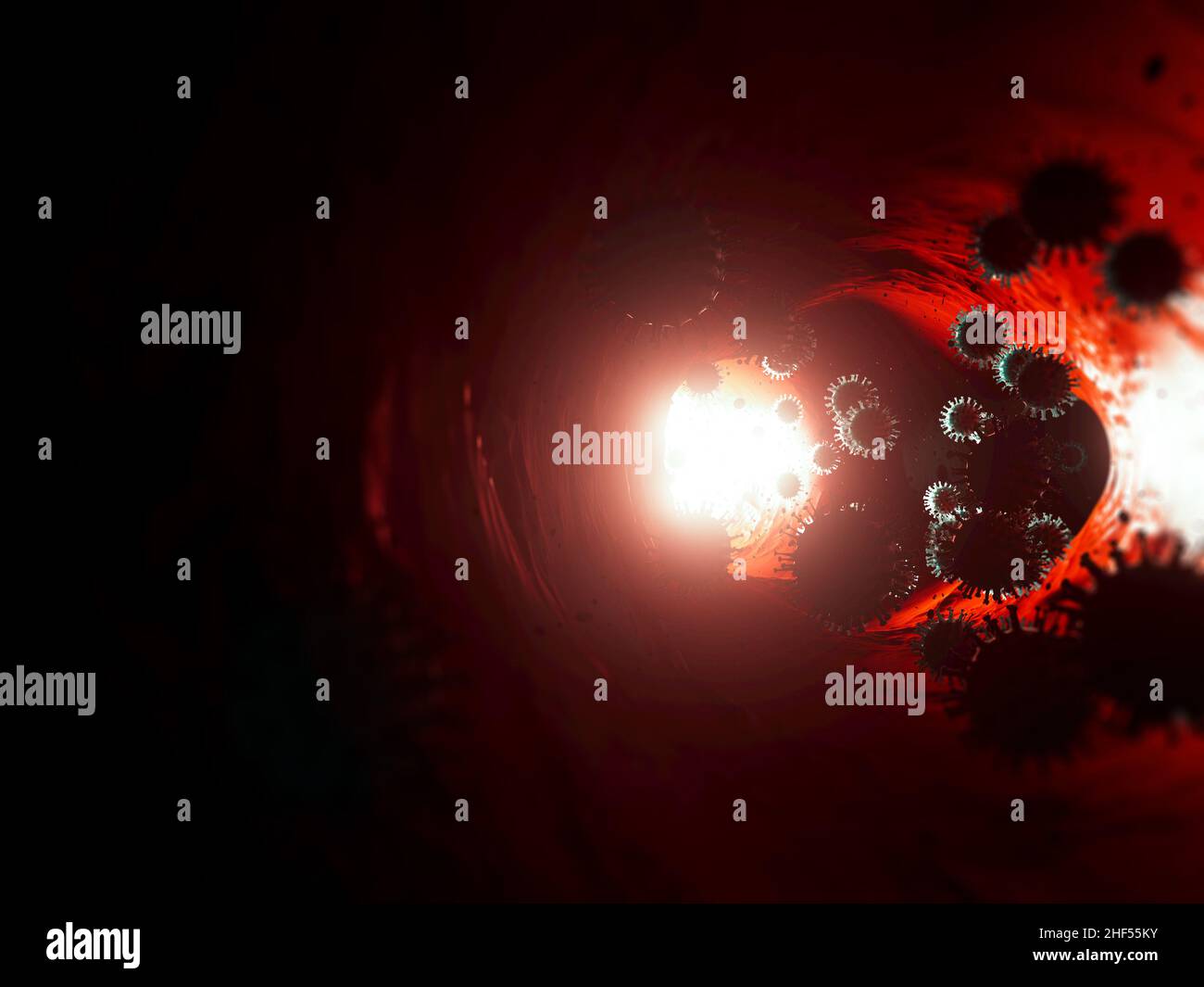 A concept showing coronavirus covid-19 particles inside a human organ vessel backlit by a bright light - 3D render Stock Photo