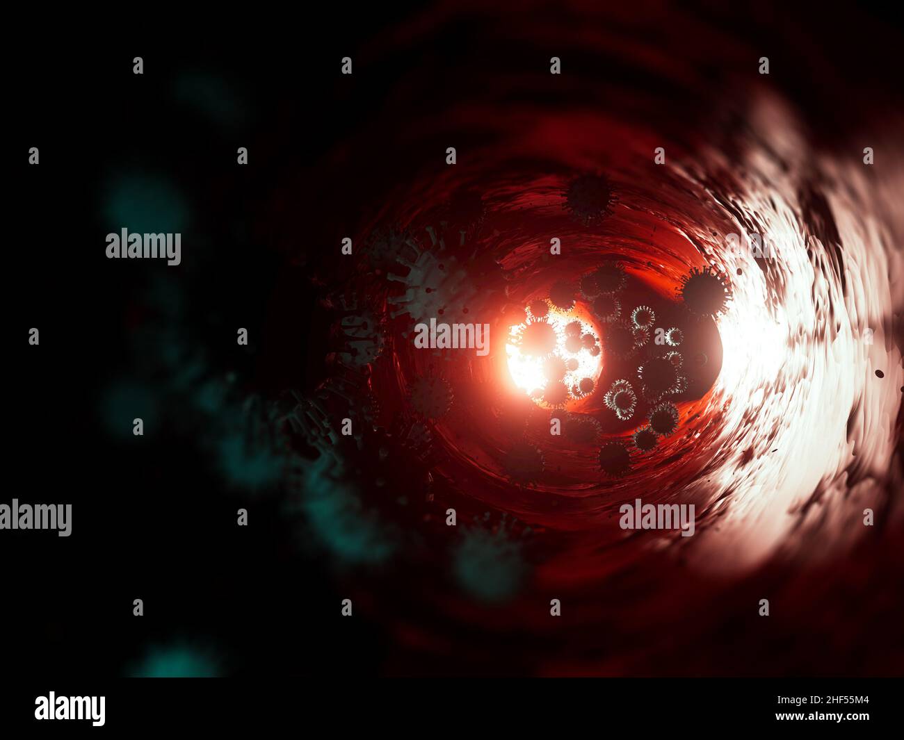 A concept showing coronavirus covid-19 particles inside a human organ vessel backlit by a bright light - 3D render Stock Photo