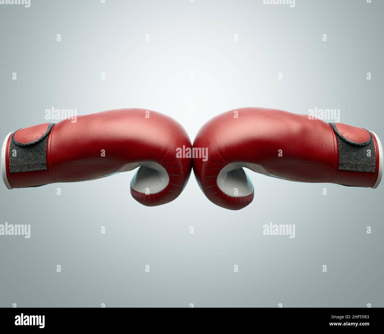 A concept showing two red and white opposing boxing gloves touching in the middle of an isolated background - 3D renders Stock Photo